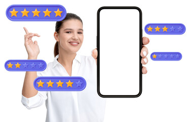 Smiling person in white holding smartphone with blank screen, surrounded by star rating icons on a...