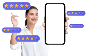 Smiling person in white holding smartphone with blank screen, surrounded by star rating icons on a white background. Concept of online reviews and feedback