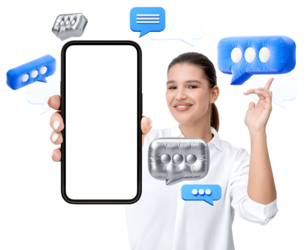 Smiling woman in white shirt holding smartphone with blank screen, surrounded by floating chat bubbles, on white background. Concept of messaging app
