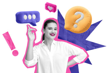 Confident woman in white shirt surrounded by colorful speech bubbles, exclamation marks, and question symbols on a white background. Concept of communication