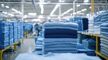 Stacks of finished clothing pieces ready for packaging in a manufacturing facility.
