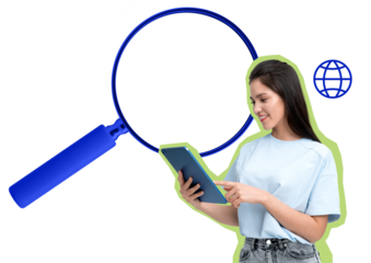 Smiling young woman using a tablet with a large magnifying glass and internet search icon, isolated on white background. Concept of online search and technology