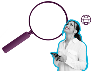 Smiling woman with smartphone outlined in blue, holding device under a magnifying glass with an internet icon, on white background. Concept of online search