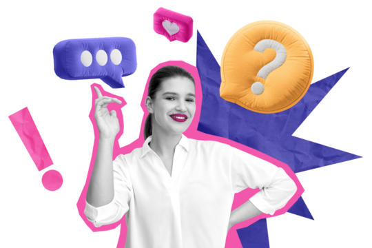 Confident woman in white shirt surrounded by colorful speech bubbles, exclamation marks, and question symbols on a white background. Concept of communication