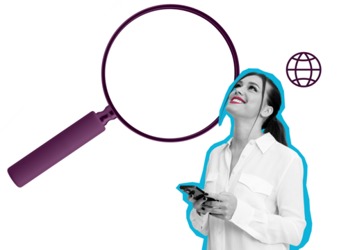 Smiling woman with smartphone outlined in blue, holding device under a magnifying glass with an internet icon, on white background. Concept of online search