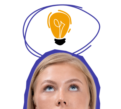 Woman with blonde hair looking up, outlined in blue, with a hand-drawn thought bubble containing a glowing lightbulb, symbolizing an idea, on white background