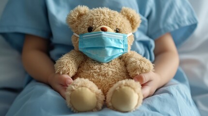 Teddy Bear Wearing Medical Mask Held by Child in Pale Blue Hospital Gown Offering Comfort and Protection