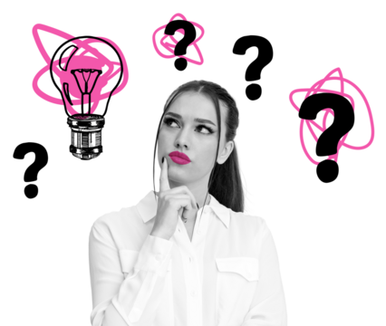 Woman in white shirt with pink lips thinking, surrounded by hand-drawn question marks and a lightbulb, on white background. Concept of idea and confusion