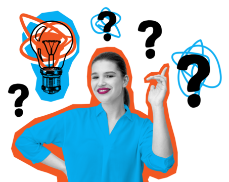 Confident woman in blue with abstract question marks and a light bulb on a white background. Concept of creativity, ideas, and problem-solving - Powered by Adobe