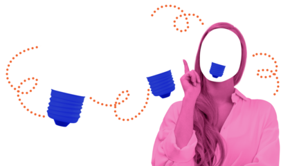 Faceless woman with pink skin pointing up, floating blue light bulb bases, and orange dotted lines on white background. Concept of creativity and ideas