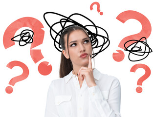 Woman in white shirt thinking, hand on chin, surrounded by red question marks and scribbles on a...