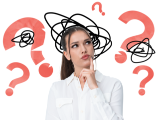 Woman in white shirt thinking, hand on chin, surrounded by red question marks and scribbles on a white background. Concept of confusion and decision-making