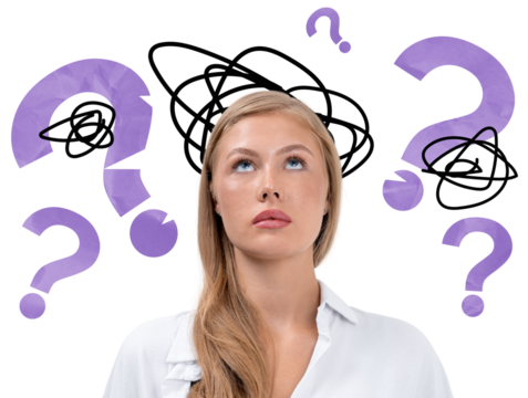 Woman in white shirt looking up with confusion, surrounded by purple question marks and scribbles on white background. Concept of uncertainty and decision-making