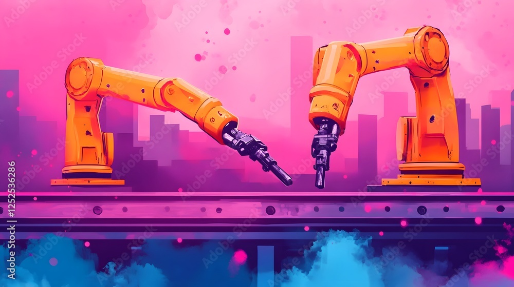 Aufkleber ai-driven automated manufacturing:seamless robotic workflow in futuristic watercolor style