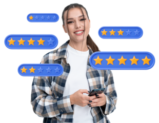 Woman holding phone, surrounded by floating rating stars, on white background. Concept of online reviews, customer feedback, and service evaluation