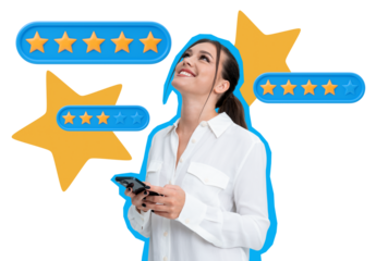 Smiling person holding a phone with floating star ratings on isolated white background. Concept of customer feedback, experience review, and online service evaluation