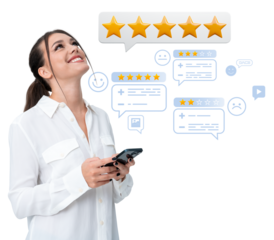 Woman in white shirt holding smartphone, surrounded by customer feedback icons and five-star ratings on a white background, representing online review concept