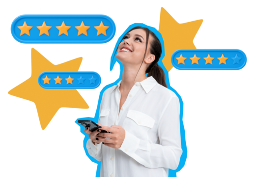 Smiling person holding a phone with floating star ratings on isolated white background. Concept of customer feedback, experience review, and online service evaluation