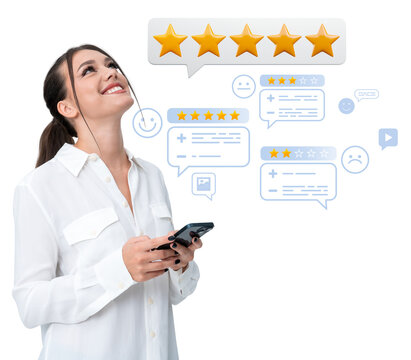 Woman in white shirt holding smartphone, surrounded by customer feedback icons and five-star ratings on a white background, representing online review concept