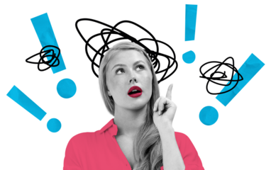 Woman in red shirt with expressive face, surrounded by blue exclamation marks andscribbles, isolated on white background, concept of confusion