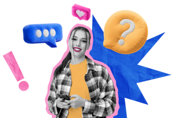 Smiling young woman holding smartphone with colorful speech bubbles and symbols around her. Modern collage style on a white background, concept of communication