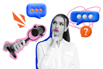 And white portrait of a thoughtful woman with colorful speech bubbles, a microphone, and abstract elements on a white background. Concept of communication