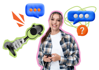 Smiling young woman holding smartphone with abstract chat bubbles and microphone illustration around her on white background. Concept of communication