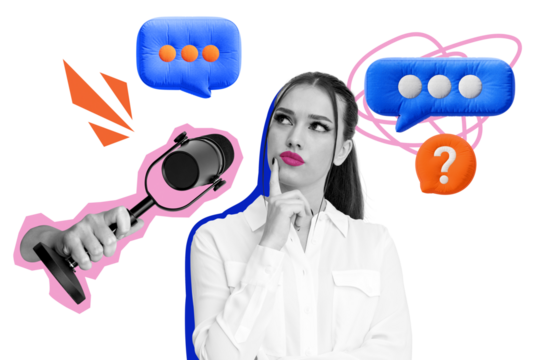 And white portrait of a thoughtful woman with colorful speech bubbles, a microphone, and abstract elements on a white background. Concept of communication