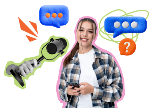 Smiling young woman holding smartphone with abstract chat bubbles and microphone illustration around her on white background. Concept of communication