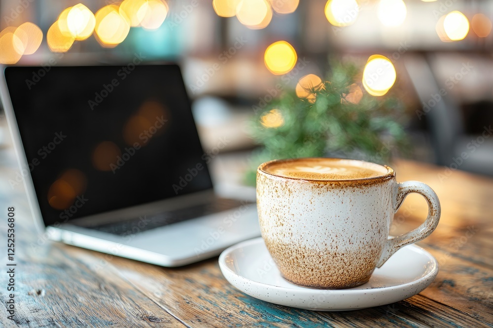 Poster elegant workspace with a sleek laptop and coffee cup, bright and inviting productivity setting.
