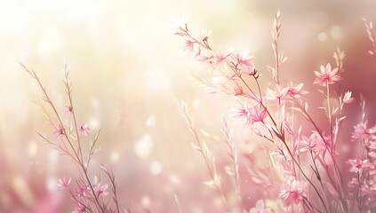 Fototapeta premium Pastel Pink Flowers Bloom Gently in Sunlight, Creating a Serene Summer Meadow Scene with Delicate Petals and Soft Light.