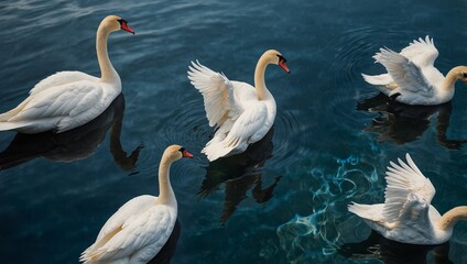 Elegant swans swim in formation across vibrant, reflective waters.

