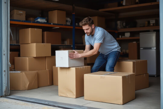 man organizing cardboard boxes in storage unit, focused and working efficiently