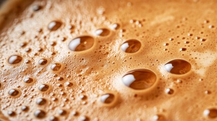 Closeup of Brown Coffee Foam Surface with Bubbles in Warm Lighting