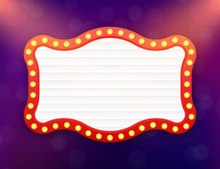 Blank white cinema billboard with light bulbs shining on purple background