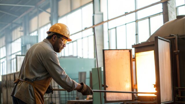 Indian Factory Worker in Glass Manufacturing Portrait – A worker shaping or inspecting glass, with a furnace or glass sheets in the background.

