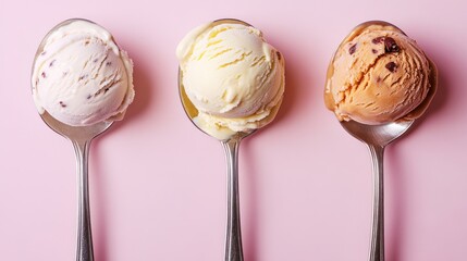 Three ice cream scoops on spoons, pink background, dessert, food photography, website banner (4)