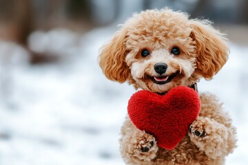 Cute poodle hound with fluffy red heart on a walk in a winter green space. Poodle - my preferred dog, symbol of friendship. Marketing companion creative. Winter pet love scene. Cute puppy love.