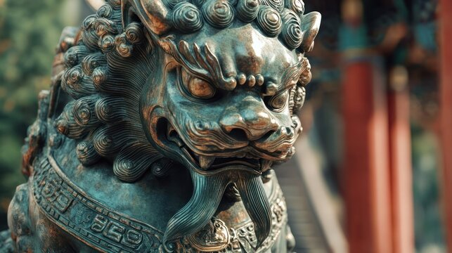 Ancient Guardian: Close-up of an Ornate Bronze Foo Dog Statue
