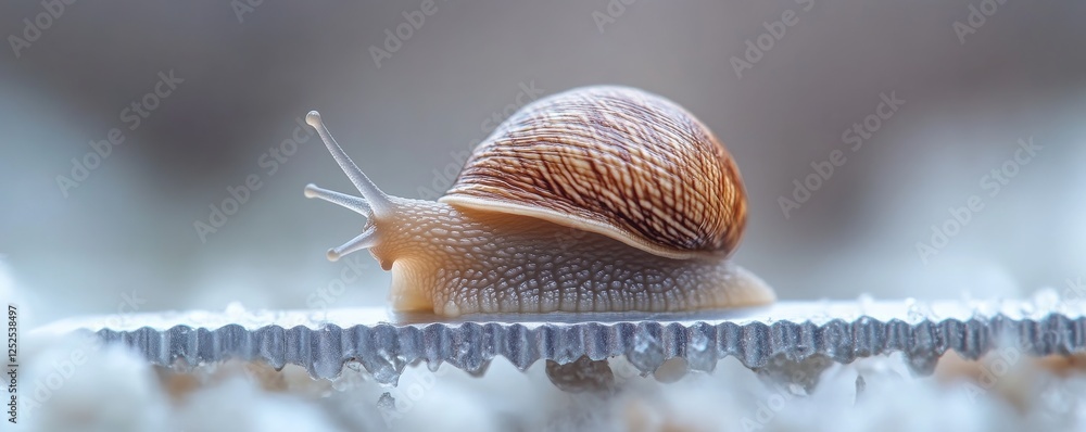 Poster snail on frosty surface in close-up, delicate nature and texture contrast concept