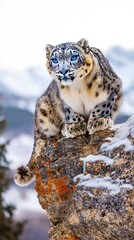 A snow leopard perched on a cliff, icy mountains in the background, its piercing blue eyes staring into the distance.
