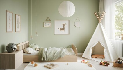 Calm Child's Room Decor: Green Walls, Wooden Toys, Teepee Play Tent, and Soft Textiles for Peaceful Playtime.
