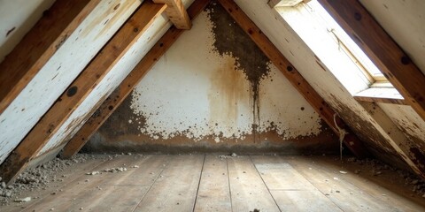 Obraz premium A neglected attic space reveals water damage and decay on wooden beams and flooring
