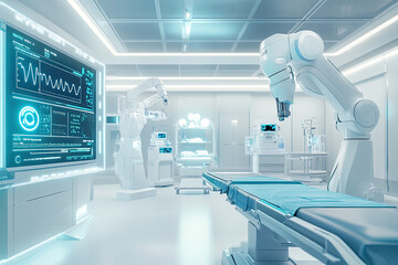 An advanced surgical room where robotic arms precisely assist a doctor in a high-tech environment, with floating digital displays showing vital signs and medical imaging, designed in a clean 