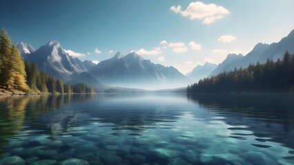 Fototapeta premium body of water, calm body of water surrounded with trees and mountains, lake in the mountains, HD wallpaper, Generative AI