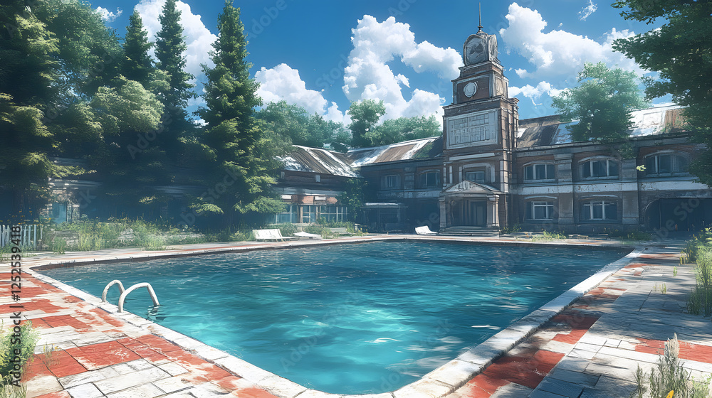 Poster a serene pool scene surrounded by lush trees and a vintage building under a bright blue sky, evoking