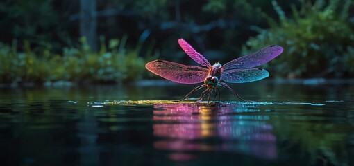 Ethereal dragonfly in neon colors casts magical reflections over still water.

