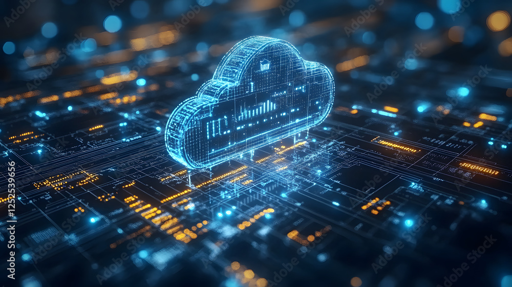 Poster A digital cloud icon surrounded by glowing circuits, representing cloud computing and technology