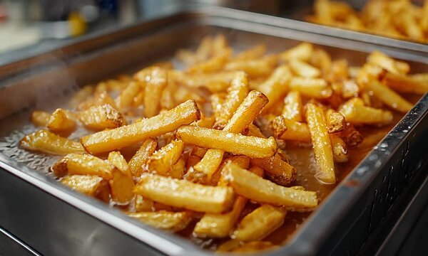 Crispy golden French fries frying in a commercial kitchen with steam rising in the background