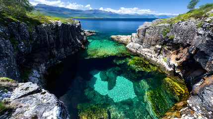 Coastal Rock Pool, Clear Water, Scotland, Mountain View, Travel Poster